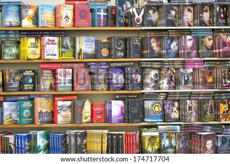 BUCHAREST, ROMANIA - FEBRUARY 03, 2014: Science Fictions Books Displayed On Library Shelf.