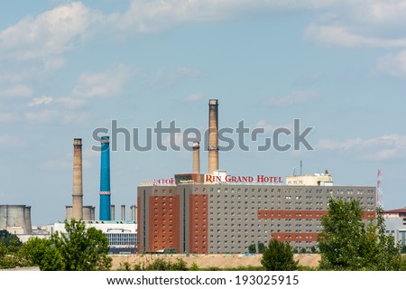 BUCHAREST, ROMANIA - MAY 11: Rin Grand Hotel And Industrial City Area on May 11, 2014 in Bucharest, Romania. From 2008 is the largest hotel in Romania and in Europe having a total of 1,459 rooms.