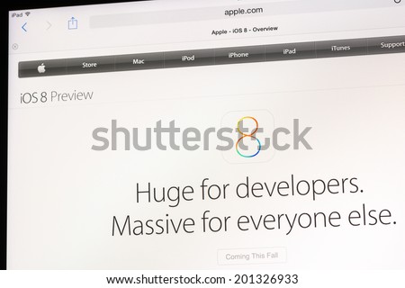 BUCHAREST, ROMANIA - JUNE 24, 2014: The New Apple Operating System iOS 8 Preview On Apple iPad Tablet. It is the operating system that powers iPhone, iPad, iPod Touch, and Apple TV.