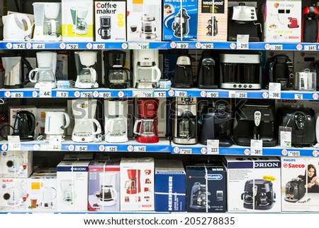 BUCHAREST, ROMANIA - JULY 15, 2014: Coffee and espresso machines in home appliance store