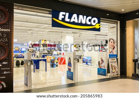 BUCHAREST, ROMANIA - JULY 18, 2014: Flanco Store Entrance. Founded in 1992 is a famous Romanian retail store chain selling consumer electronics with over 85 stores in Romania.