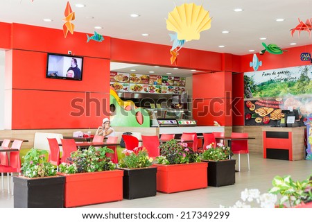 COSTINESTI, ROMANIA - AUGUST 15, 2014: Spring Time Fast Food Restaurant Interior On Costinesti Beach At The Black Sea. From 1992 is one of the main fast food restaurants in Romania.