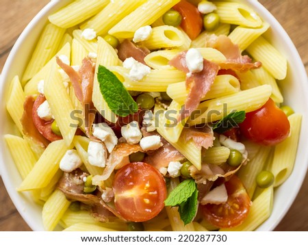Italian Penne Pasta Salad With Mozzarella, Tomatoes And Prosciutto Ham