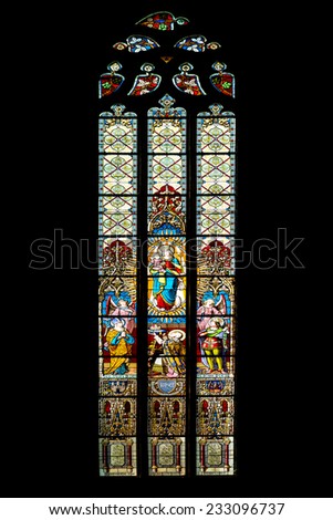 CLUJ NAPOCA, ROMANIA - AUGUST 21, 2014: Baby Jesus And Virgin Mary Stained Glass Window Inside The Gothic Roman Catholic Church of Saint Michael Built In 1390.