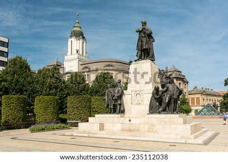 DEBRECEN, HUNGARY - AUGUST 23, 2014: Kossuth statue was erected 1914 in memory of the meeting held in the Great Reformed Church in 1849, where Kossuth read the Declaration of Independence.