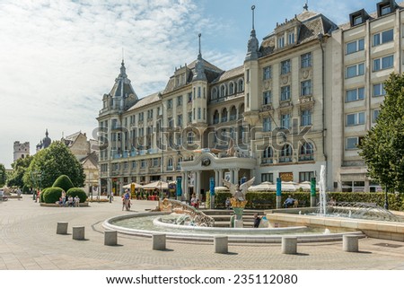 DEBRECEN, HUNGARY - AUGUST 23, 2014: Grand Hotel Aranybika is a four-star hotel with its history dates back to the late 17th century but the current building date from 1915.