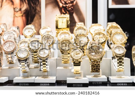 BUCHAREST, ROMANIA - DECEMBER 24, 2014: Expensive Watches For Sale In Luxury Shop Window Display.