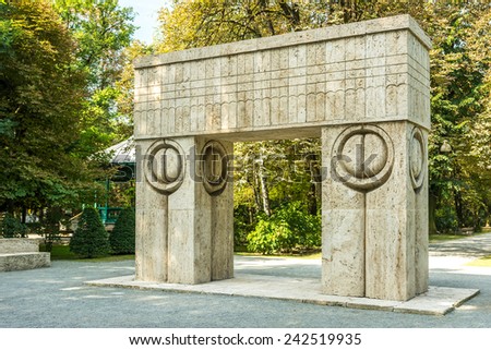 The Gate of the Kiss Stone Sculpture Made By Constantin Brancusi in 1938 In Targu Jiu, Romania.