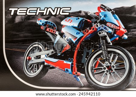 BUCHAREST, ROMANIA - JANUARY 20, 2015: Lego Technic Motorcycle Box. Technic is a line of Lego interconnecting plastic rods and parts that creates more advanced models with more complex movable arms.