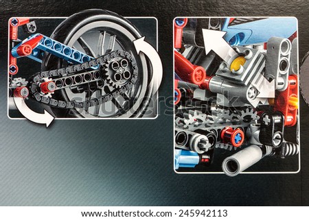 BUCHAREST, ROMANIA - JANUARY 20, 2015: Lego Technic Motorcycle Box. Technic is a line of Lego interconnecting plastic rods and parts that creates more advanced models with more complex movable arms.