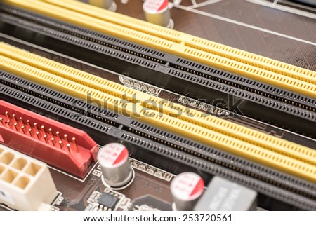 Memory Slots Close Up On Computer Motherboard