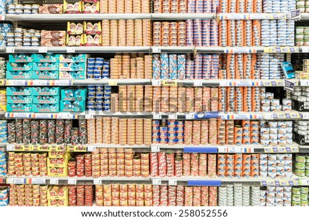 BUCHAREST, ROMANIA - MARCH 01, 2015: Canned Food On Supermarket Stand.