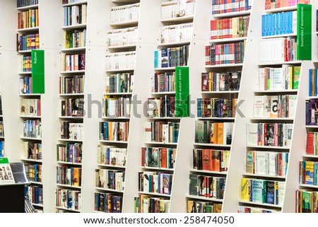 BUCHAREST, ROMANIA - MARCH 03, 2015: Famous Books For Sale On Library Shelf.