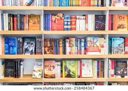 BUCHAREST, ROMANIA - MARCH 05, 2015: Famous Books For Sale On Library Shelf.