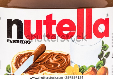 BUCHAREST, ROMANIA - MARCH 10, 2015: From 1964 Nutella is the name of an Italian sweetened hazelnut chocolate spread manufactured by the Italian company Ferrero.