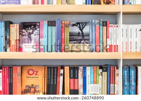 BUCHAREST, ROMANIA - MARCH 15, 2015: Famous Books For Sale On Library Shelf.