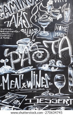 CLUJ NAPOCA, ROMANIA - APRIL 13, 2015: Restaurant Food Menu Design On Black Chalkboard At Local Restaurant In The Museum Square Of Cluj Napoca.
