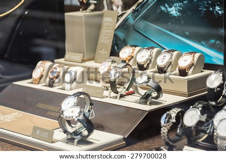BUCHAREST, ROMANIA - MAY 19, 2015: Luxury Watches For Sale In Shop Window Display.
