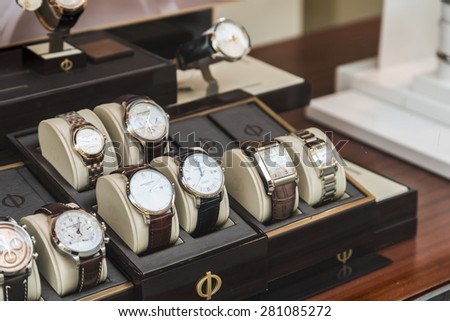 BUCHAREST, ROMANIA - MAY 24, 2015: Luxury Watches For Sale In Shop Window Display.