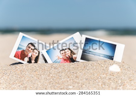 Instant Photo Of Young Boyfriend And Girlfriend Happy Couple On The Beach