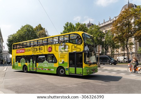 VIENNA, AUSTRIA - AUGUST 03, 2015: Vienna Hop On-Off City Tour Bus offers tourists visiting Vienna a complete tour of the most important landmarks in the city.