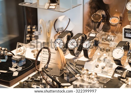 VIENNA, AUSTRIA - AUGUST 09, 2015: Luxury Watches For Sale In Shop Window Display.