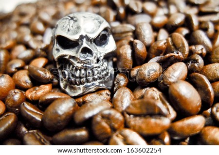 Metal skull in coffee beans group