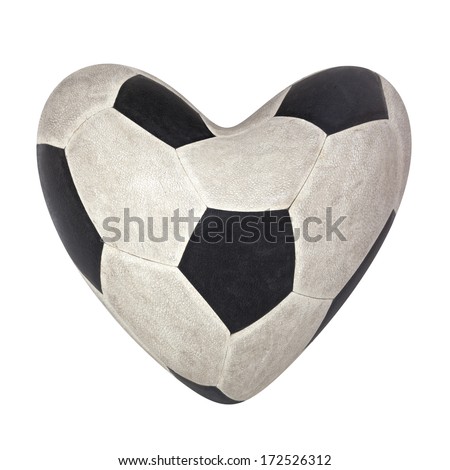A heart-shape old football isolated on white background. The skin look like dirt a bit due to it has been used. This image represent the football or soccer lover or the love to the football sport.