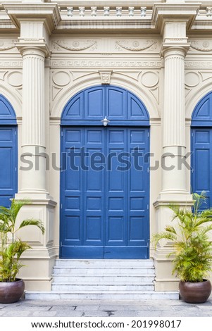 roman style blue wood door, ancient style, vintage pattern, antique art