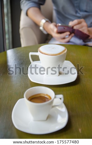 A cup of cappuccino  in a white cup on wooden background