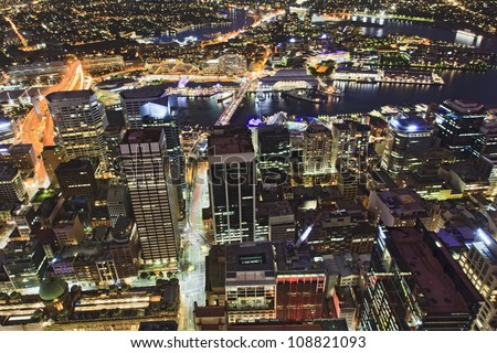 Sydney city CBD sunset view from sydney tower ocean of lights streets and buildings with illumination