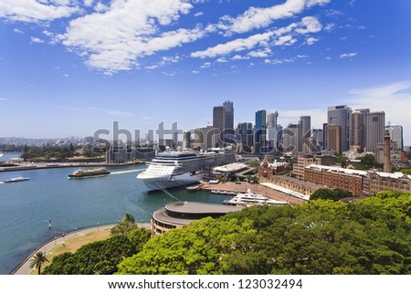 sydney city CBD view from bridge green park of the rocks and circular quay boats sunny summer day