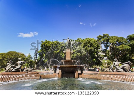 hyde park sydney archibald fountain sunny summer day bright blue sky fresh sprays of water beautiful sculptures landmark of sydney and australia