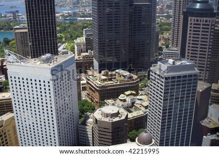 Sydney city downtown skyscrapers close up look out inside metropolis