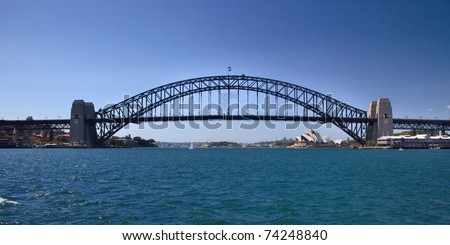 sydney australia Harbour bridge full side view panoramic iconic image blue water and sky connection of cities