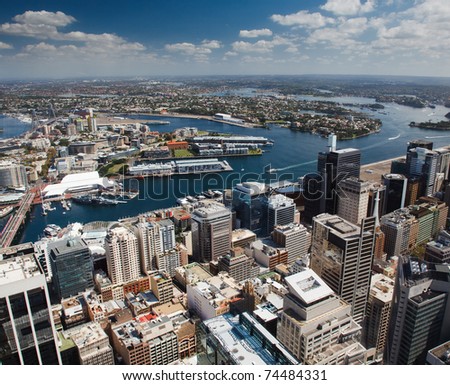 sydney aerial veiw from Sydney Tower west Darling harbour water yachts buildings skyscrapers sky color