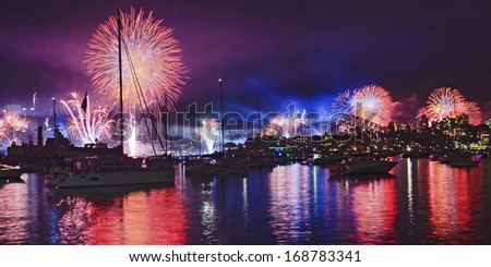 Australia Sydney Harbour Water Fireworks New Year Eve Over Anchored Boats Fire Balls And Light Show Lasers In The Sky