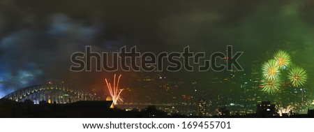 Australia Sydney panoramic view on the city fireworks New Year Midnight with harbour bridge arch and CBD skysrapers