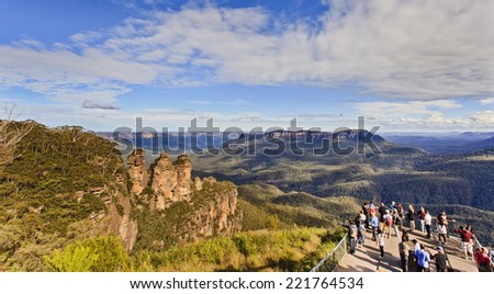 australia NSW blue mountains panoramic view at three sisters landmark rock formation and underneath valley from echo point lookout at sunset