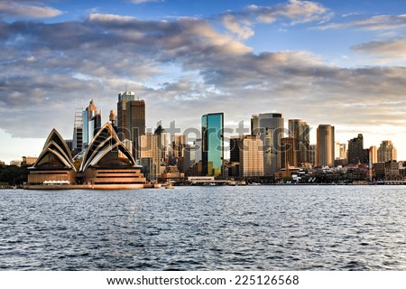 Australia sydney CBD panoramic view from Kirribilli before sunset cloudy sky and bright cityscape line