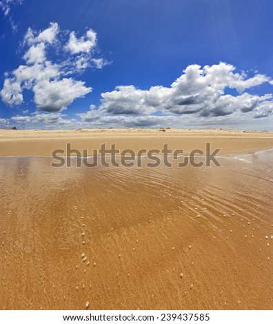 Wide and empty endless pure sand beach from transparent sea wave towards sand dune under summer blue sky with white clouds