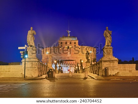 italy rome capital of ancient roman empire landmark castle st angelo stone walls and bridge with statues over tiber river at sunrise with illuminated lamps