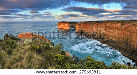 Port Campbell national park in Victoria, Australia. Great Ocean road natural seascape at Loch Ard Gorge at sunrise - ragged coastline of Southern ocean