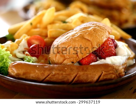 Irish Brunch with Sausage, Burger, Fries and Strawberry, Food Theme
