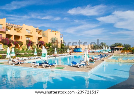 SHARM EL SHEIKH, EGYPT - DECEMBER 15: The tourists are on vacation at popular hotel on December 15, 2014 in Sharm el Sheikh, Egypt.