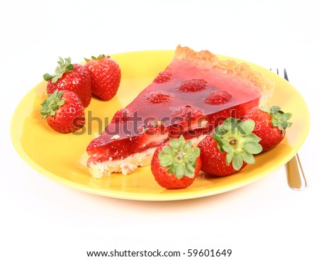 Piece of Strawberry Tart on a yellow plate decorated with strawberries
