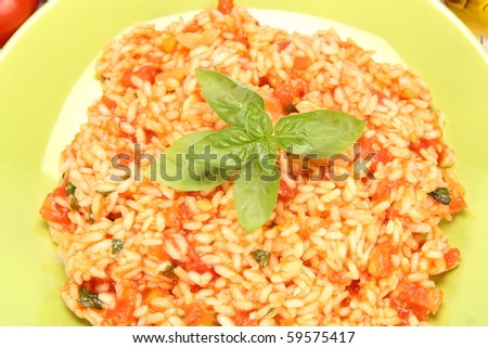 Risotto with tomatoes on a green plate decorated with basil in close up