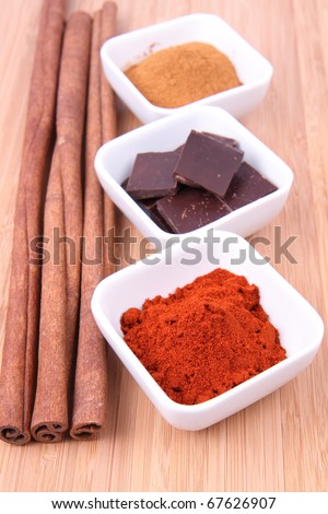 Hot chocolate ingredients: pieces of chocolate, powdered  cinnamon and chili and cinnamon sticks