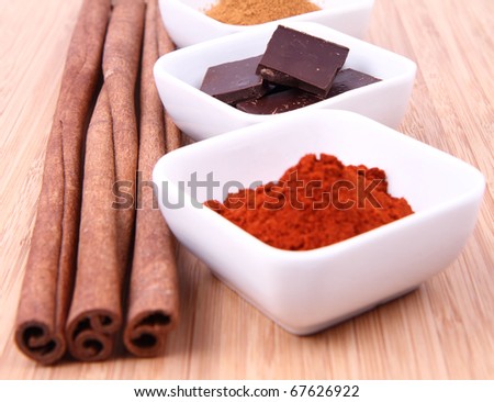 Hot chocolate ingredients: pieces of chocolate, powdered  cinnamon and chili and cinnamon sticks