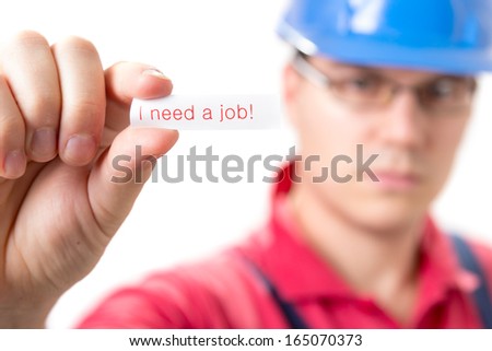 Do you offer Job. Worker with a sign isolated on white background.